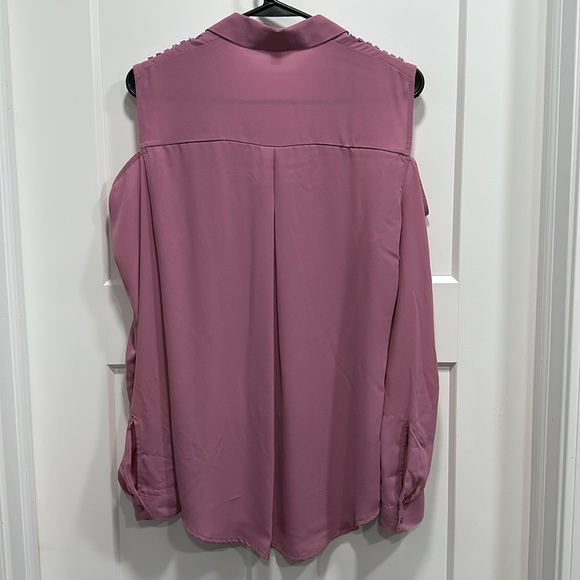 Candie’s Pink Button Down Cold Shoulder Blouse With Purple Jewels - Size Large - Picture 2 of 11